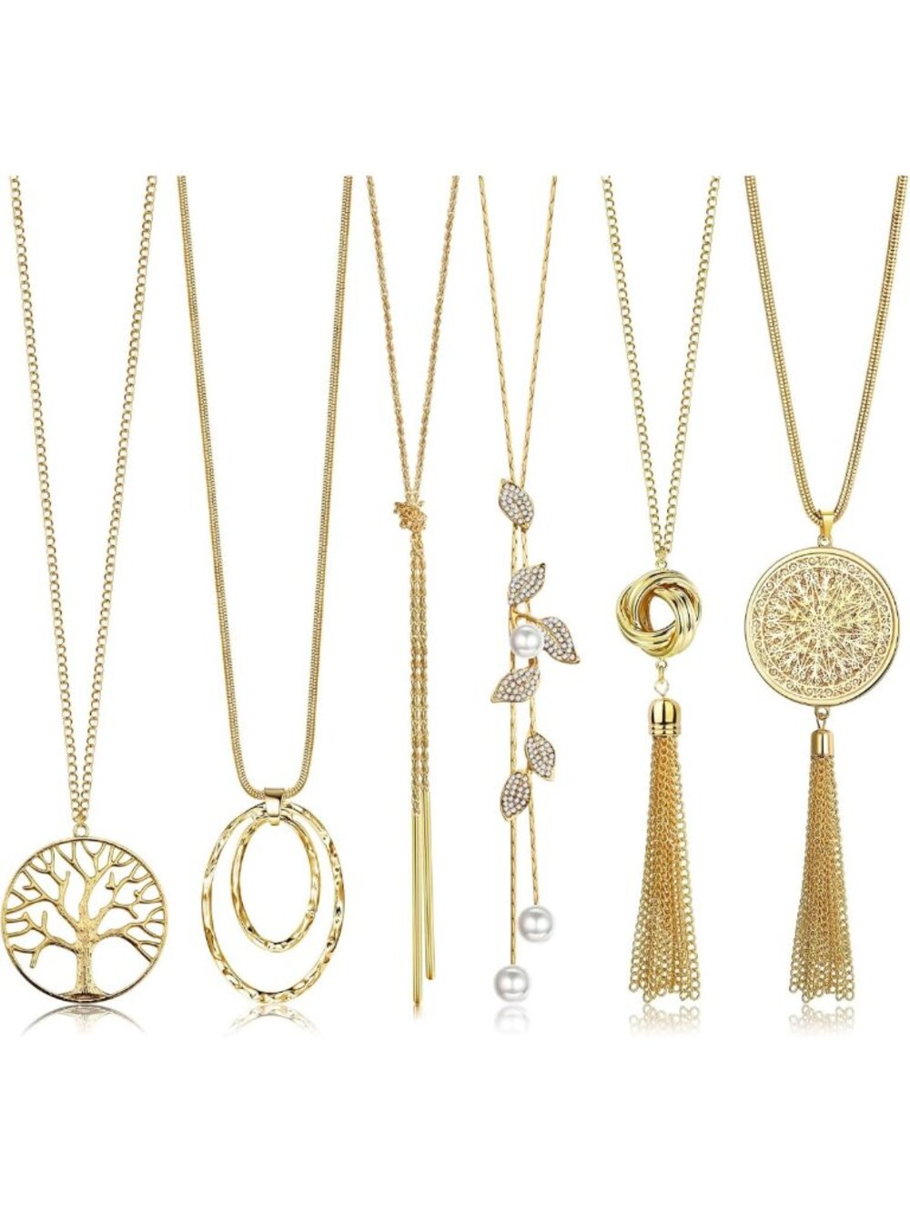 6Pcs Long Necklaces for Women | Tassel, Pendant, Circle Knot & Leaf Statement